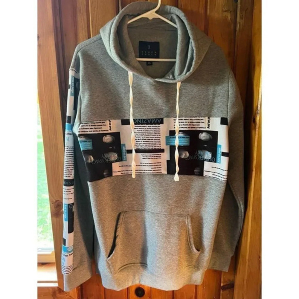 Seven Souls XL Gray Hoodie Sweatshirt Astronomy Space GraphicPullover Streetwear
